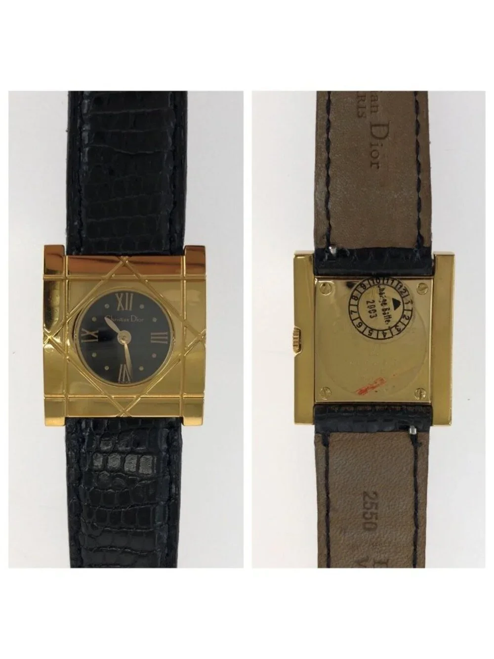 Dior Vintage Cannage Cool Carre Black Gold Stainless Steel Leather Watch